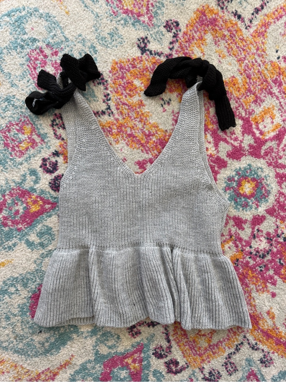 Knit Peplum Tank Top with Tie Straps - Gray